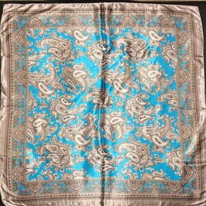 Light Blue & Mocha Tan Paisley Wild Rag | 36" Satin Western Scarf